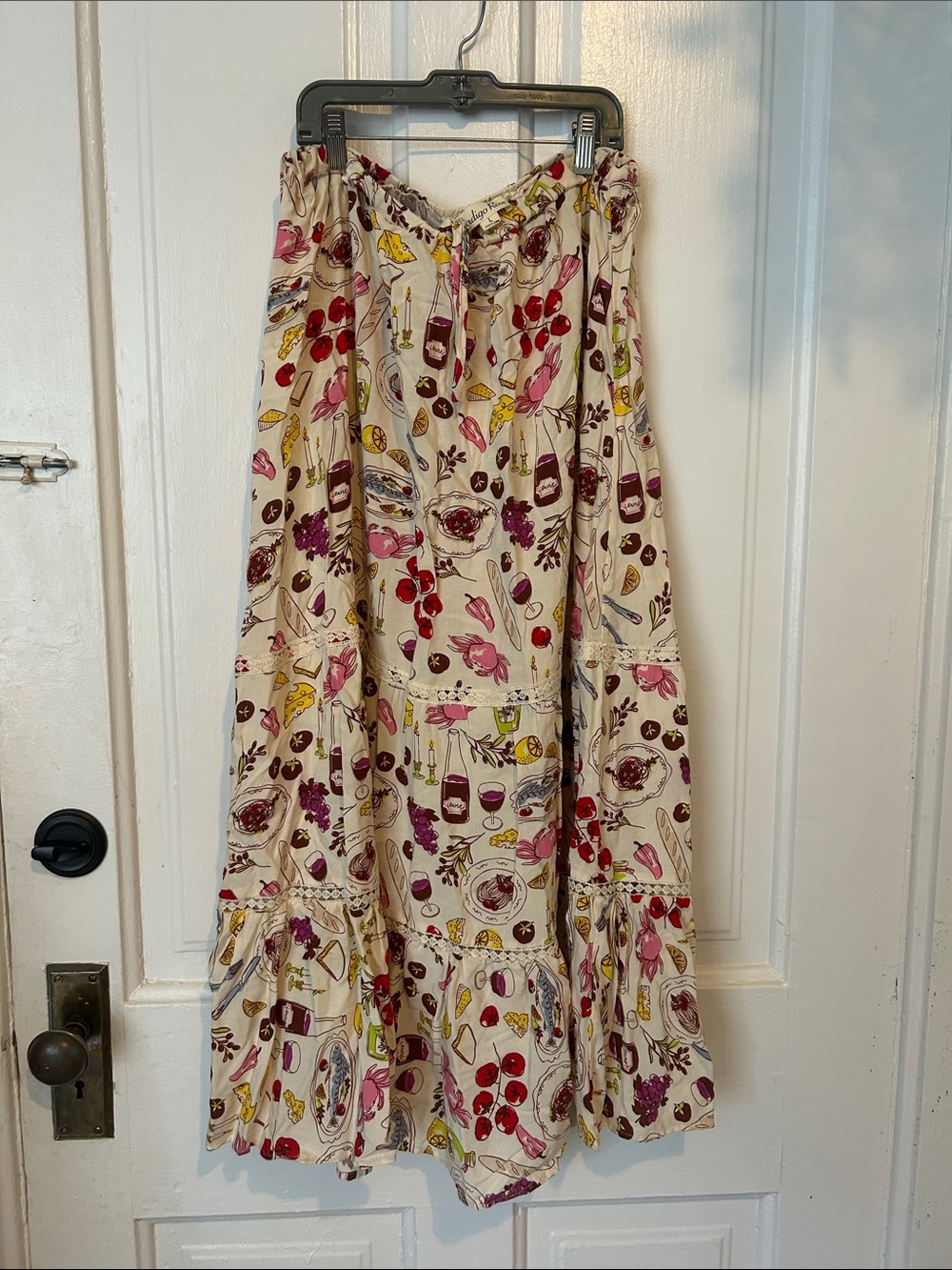 Cream Italian Food and Wine Print Maxi Skirt with Crochet inserts